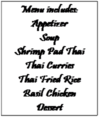 Text Box: Menu includes:
Appetizer
Soup
Shrimp Pad Thai
Thai Curries
Thai Fried Rice
Basil Chicken
Dessert

